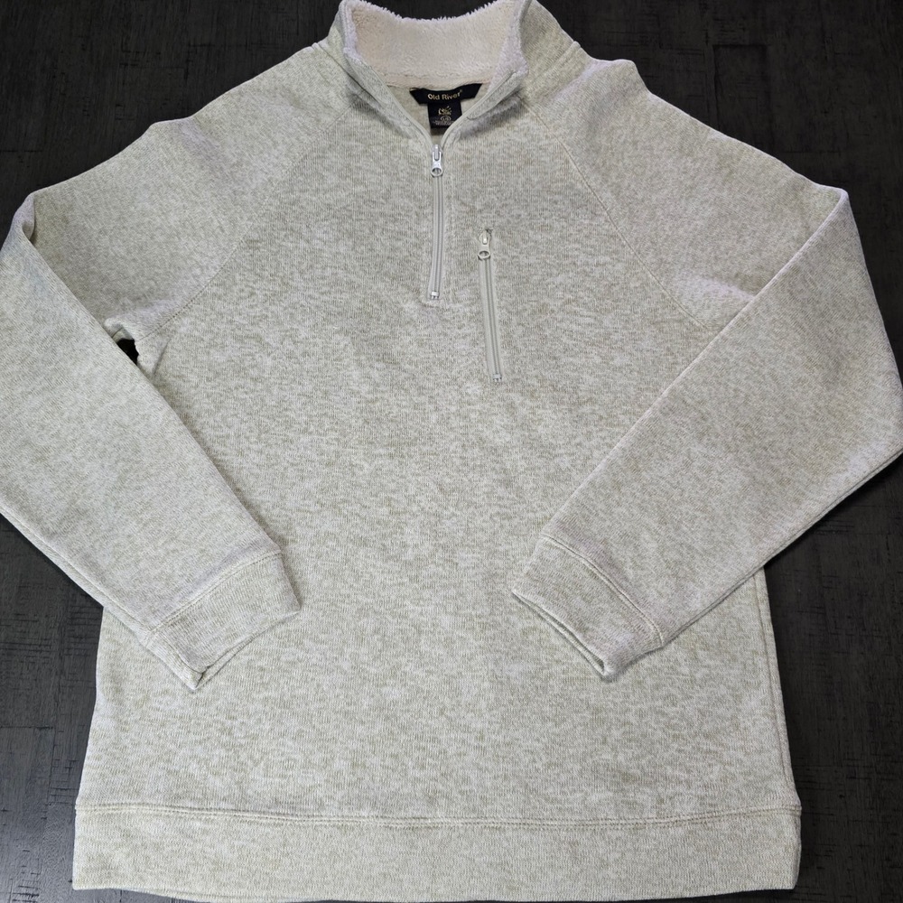 Old River Mens Oatmeal Sherpa Lined Quarter Zip Fleece Pullover Large